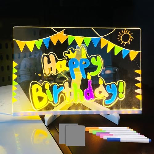 KBIBCK LED Notiztafel, 30x20 cm Nachrichtentafel mit LED, LEDs Note Board, LEDs-Notiztafel,Acryl Notiztafels mit Ständer &7 Farbstiften,Abwischbar Schreibtafel leuchtende Acryl für Zuhause Büro Schule