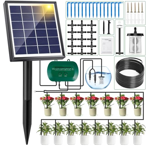 MULEVIP Solar Bewässerungssystem 2024 Automatische Bewässerungssystem Garten, Garten Bewässerungssystem Tröpfchenbewässerung System mit Timer und 15M Schlauch, für Garten,Balkon Pflanzen,Freien