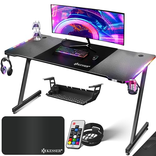 KESSER® Gaming Tisch LED 180cm x 80cm | Z-Form Gamer Schreibtisch | Kopfhörerhaken & Kohlebeschichtung | Ergonomischer PC Computertisch | Stabiler Tisch mit Getränkehalter Schwarz