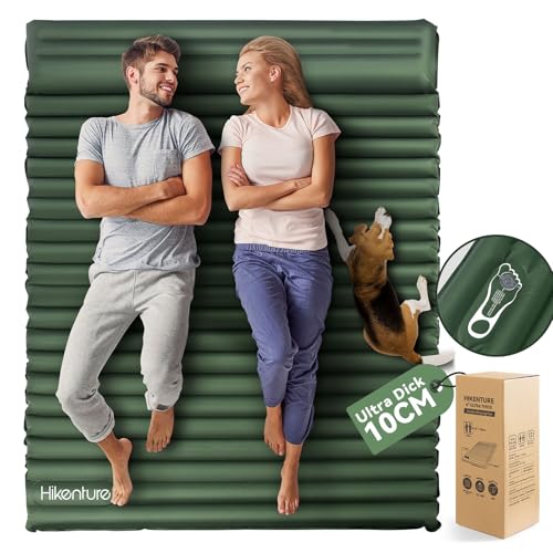 HIKENTURE Camping Matratze für 2 Personen mit Kissen, 10cm Doppel Isomatte Aufblasbar, Selbstaufblasende Camping Schlafmatte 140x200cm mit Fußpumpe, für Camping, Outdoor, Wandern, Strand, Grün