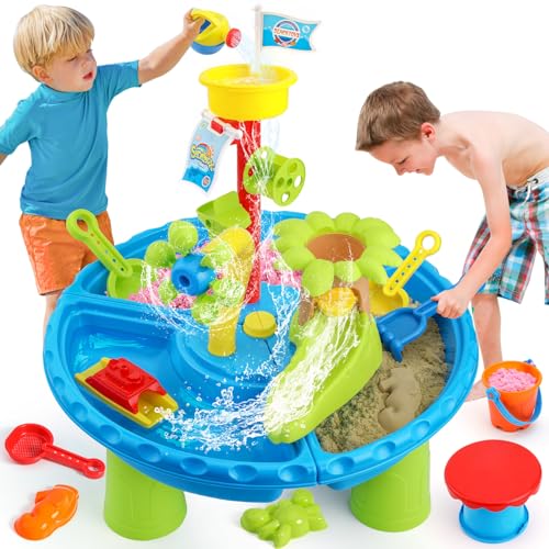 Mini Tudou 3 In 1 Wasserspieltisch Kinder Outdoor,Kinder Wassertisch Outdoor Sommer Strandspielzeug mit Wasserrad,Schaufel 31 Stück Wassertisch Zubehör für Kleinkinder Kinder Jungen Mädche