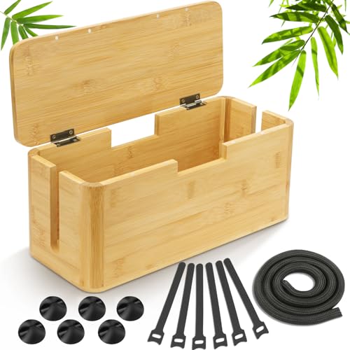 Otauoaea Kabelbox Holz aus Nachhaltigem Bambus, Kabelbox Schreibtisch zum Kabelsalat Kabel Verstecken - Kabelmanagement Box Kabel Organizer Box Steckdosenbox Kabelbox Set, 34 x13,5 x 14,5 cm