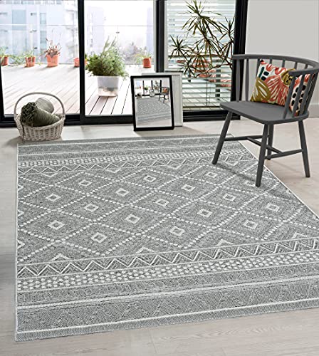 the carpet Calgary - robuster Teppich, Flachgewebe, modernes Design, ideal für Küche und Esszimmer, Vintage-Optik, Boho-Style, besonders flach, auch für den Außenbereich, Grau-Raute, 240 x 340 cm