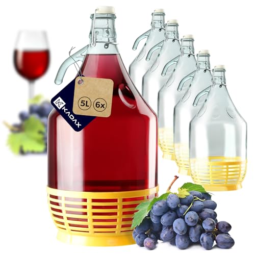 KADAX Weinballon 5L, Glasballon für Wein 6 stück, Weinfass aus glas, Gärballon, Fass für Wein aus Glas, Bügelflasche mit Korb, Gärbehälter für Wein, Glasgärballon Set