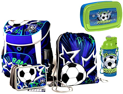 SCOOLSTAR Fußball Schulranzen Jungen 1 Klasse Tornister Schulrucksack Schultasche | mit FIDLOCK | Set 5 TLG. | inkl. Federmäppchen, Turnbeutel, Trinkflasche und Brotdose