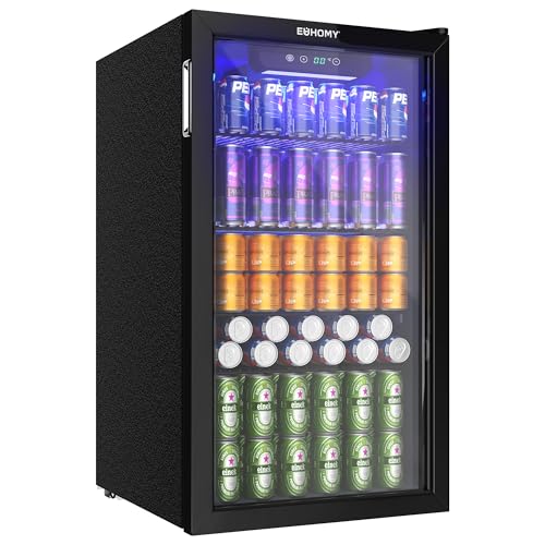 EUHOMY Getränkekühlschrank, Mini-Kühlschrank für 126 Dosen mit Glastür, kleiner Kühlschrank mit verstellbaren Regalen für Limonade, Bier oder Wein, für Zuhause/Bar/Büro, Schwarz Edelstahl