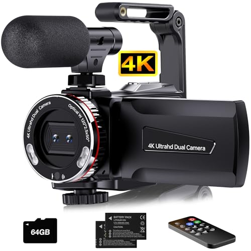 Videokamera 4K 64MP Camcorder Vlogging Kamera für YouTube,21X Digital Zoom, 3' 270° Drehbarer Screen Video Vlogging Dual Camera mit 64GB Karte, Mikrofon, Stabilisator, Fernbedienung,2 Batterien