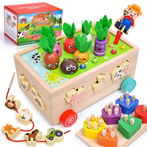 6 in 1 Montessori Holzspielzeug ab 1 2 3 Jahr, Form Sortier&Stapelspielzeug&Karottenernte Spiel&Holzperlen Fädelspiel&Magnetspiel&Bauernhoftier Lernspielzeug, Motorikspielzeug Geschenk für Baby Kinder