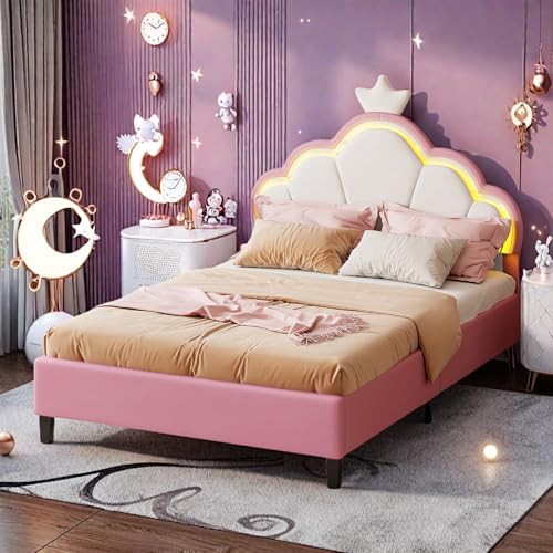 Bett für Mädchen, 140 x 200 cm, Doppelbett für Kinder mit Lattenrost und LED-Beleuchtung, Prinzessinnen-Betten, rosa, mit gepolstertem Kopfteil in Wolkenform und Kronendekoration