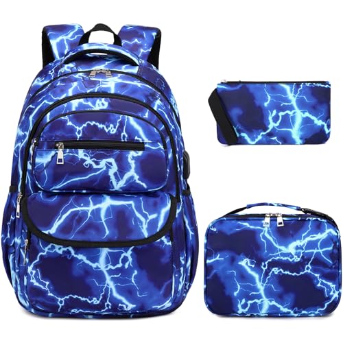 Bevalsa Rucksack für Jungen, Blitz-Schulranzen für Kinder mit Lunchbag und Federmappe, Büchertasche für Jungen Mädchen Kinder Teens für Grundschule Mittelschule Gratulation (Blitzschlag)