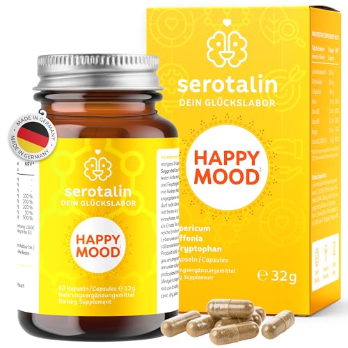 serotalin® HAPPY MOOD KAPSELN - Stimmung & Energie | Johanniskraut, Griffonia & L-Tryptophan | Vitamin D3 hochdosiert +B1 +B2 +Niacin +Mangan - OHNE KOFFEIN | 100% vegan & made in Germany | 2 Monate