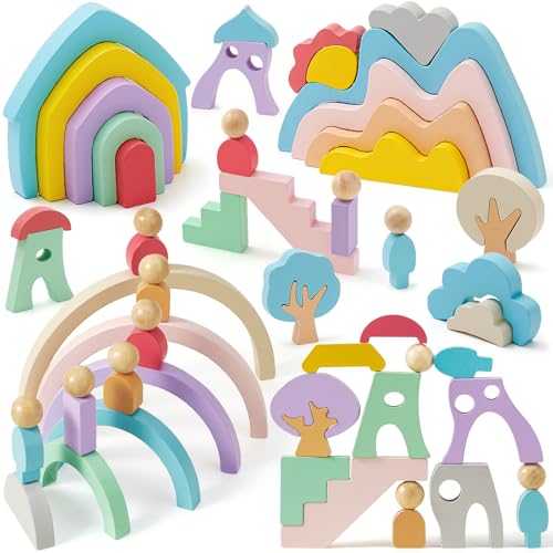 Atoylink Regenbogen Holz Montessori Holzspielzeug ab 1 Jahr Stapelsteine Balanciersteine Bauklötze Bausteine Holz Stapelspiel Stapelturm Baby Lernspielzeug Geschenk für Kinder 1 2 3 4 5 Jahr