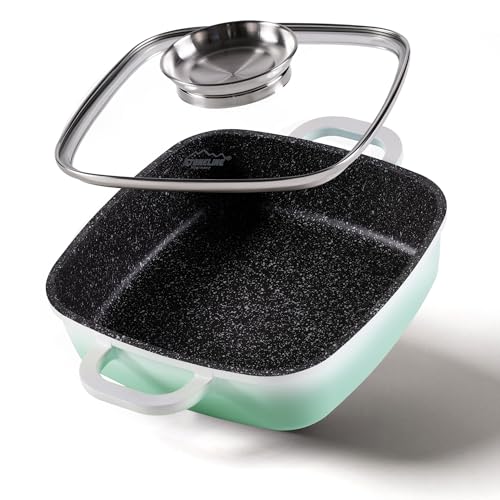 STONELINE Eckpfanne, 20x20 cm, mit Aroma Glasdeckel, Servierpfanne, Induktion, Aluguss, antihaft beschichtet mit echten Steinpartikeln, mintfarben, Pfanne eckig, ohne Fett oder Öl kochen und braten