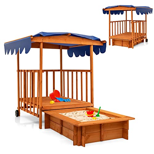 DREAMADE Sandkasten Sandbox mit Abdeckung und Sonnenschutz, Sandkiste aus Holz mit rollbare Spielveranda und Geländer, für Garten Strand Outdoor