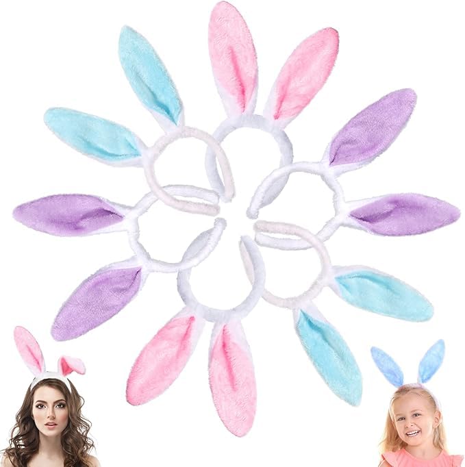 DIYDEC 6 Stücke 3 Farben Easter Bunny Ears, Plüsch Kaninchen Ohren Stirnband Hasenohren Haarreif für Erwachsene und Kinder Ostern Party Kostüm Cosplay