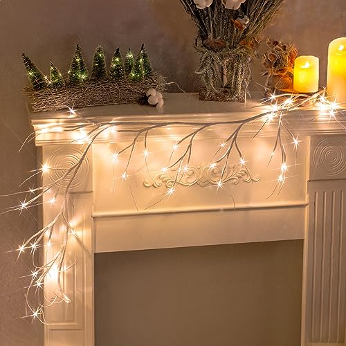 DELICHTER Rein Weiße Rotang Lichterzweig mit 48 helle Warm Weiß LEDs, Strombetrieben, Lichterkette Dekor für Schlafzimmer Innen Außen Weihnachten Beleuchtet Wand Weihnachtsdeko Fensterdeko Tisch