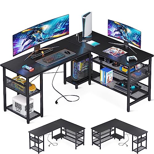 ODK Reversibel Eckschreibtisch, Gaming Tisch mit 2 Steckdosen, 2 USBs & Großer Stauraum, Flexibel für Office und Gaming, Schwarz, 150×102cm
