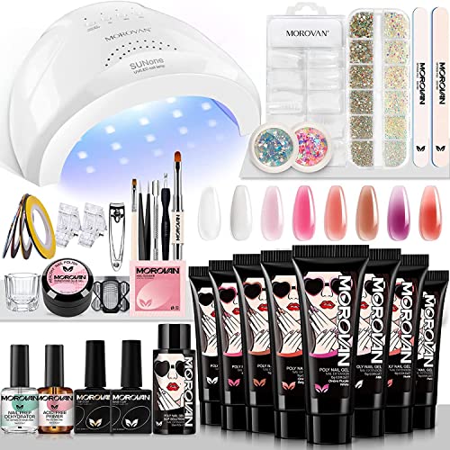 Morovan 8 Farben Gelnägel Starterset Poly Nagelverlängerungs Gel Set Starterset mit 48W UV/LED Lampe Poly Nagel Gel Base Coat Top Coat Slip Lösung Builder Kit Komplette Poly Nail Extension Gel Kit