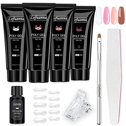 Lofuanna 4PCS Poly Gel Nail Kit 4 Farben mit Slip Solution-Builder Gel Poly Gel Nail Kit Starter Kit Clear&Pink&Dark nude&Nude Extension Gel Kit Professional Technician All in One French Kit