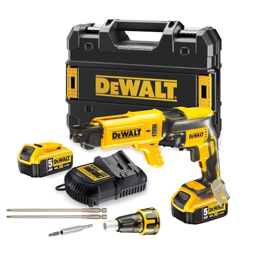 DeWalt Akku-Trockenbauschrauber / Schnellbauschrauber (18 Volt, 5.0 Ah, bürstenlos, inkl. Magazinvorsatz DCF6201, 2x XR Li-Ion Akkus, System-Schnellladegerät, Tstak Box II), DCF620P2K