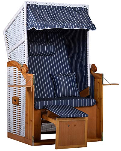 intergrill Strandschönheiten AVA Strandkorb Ostsee | 1-Sitzer Weiße Vollholzfront | Blau Weiß gestreift | Für Balkon Terrasse Garten Wintergarten
