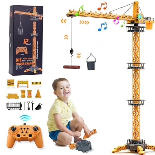 BuzzoXerex Ferngesteuerte Turmkran, 12 Kanäle 2,4 Hz RC Turmdrehkran, 680 Grad Rotation Ferngesteuerte Tower Crane mit Lichter Geräusche und Verkehrsschilder Set für Kinder (Gelb)