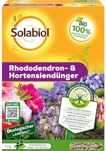 Solabiol Rhododendron- & Hortensiendünger, Spezialdünger mit Sofort- und Langzeitwirkung für Rhododendron, Hortensien und andere Moorbeetpflanzen, 1,5 kg