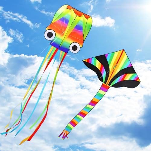 COOLJOY Drachen 2 Pack Kites Regenbogen-Delta Lenkdrachen und Roter Lenkdrachen Kinder, Drachen für Kinder ab 3 Jahren und Erwachsene, Strand