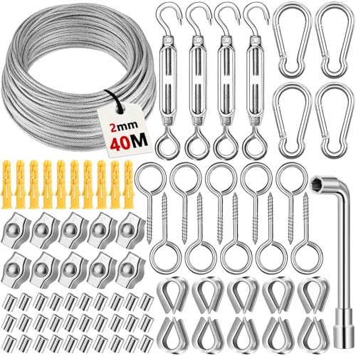 KDISHKRA 40M Edelstahl Drahtseil Set 2mm - 80pcs mit Seilspanner – Stahlseil Spannsystem für Lichterketten, Rankhilfe, Sonnensegel, Vorhang, Zaun, Wäscheleine, Garten & Balkon Befestigung