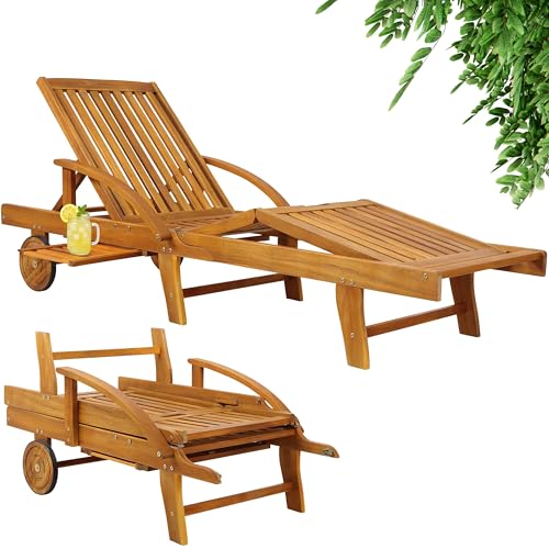 Casaria® Sonnenliege Holz Klappbar 160kg Belastbarkeit Räder Tisch Fuß- und Rückenteil variierbar Ablage Garten Balkon Terrasse Gartenliege Akazie