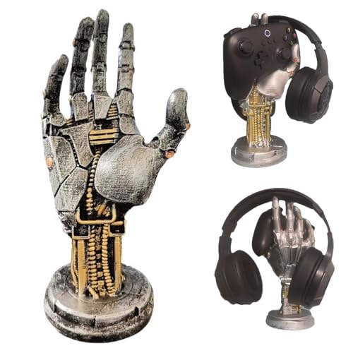 SHANDADDY Cyberpunk Kopfhörerständer – Gaming Headset Halterung und Controller Ständer – Futuristisches Harzdesign in Metalloptik – Gamer Zubehör für Schreibtischorganisation