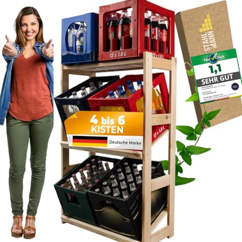 STAHLMANN® Getränkekistenregal für 4-6 Kisten [GEEIGNET FÜR Jede KISTENSORTE] - inkl. multifunktionale Ablage - Robustes Getränkeregal aus hochwertigem Kiefernholz - Standfestes Kistenregal