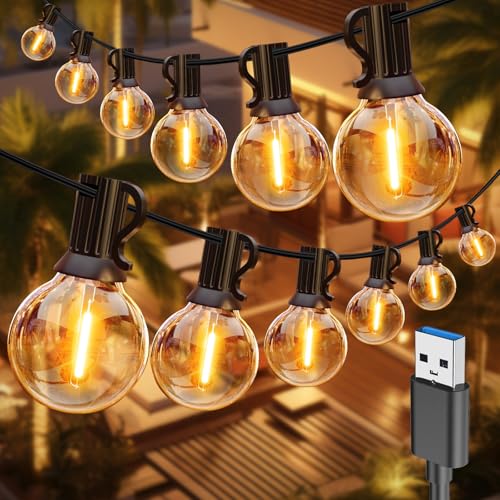IKERY LED Lichterkette Außen USB String Lights G40 Glühbirnen 12 LEDs 7.6M 25FT LED Girlande Outdoor IP65, Lichterketten für Garten, Terrasse, Balkon, Halloween, Weihnachten, Partys, Camping Deko
