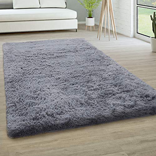 Paco Home Hochflor Teppich Wohnzimmer rutschfest Fellteppich Shaggy Flauschig Weich Modern Kunstfell Fell Imitat Einfarbig, Grösse:200x290 cm, Farbe:Grau