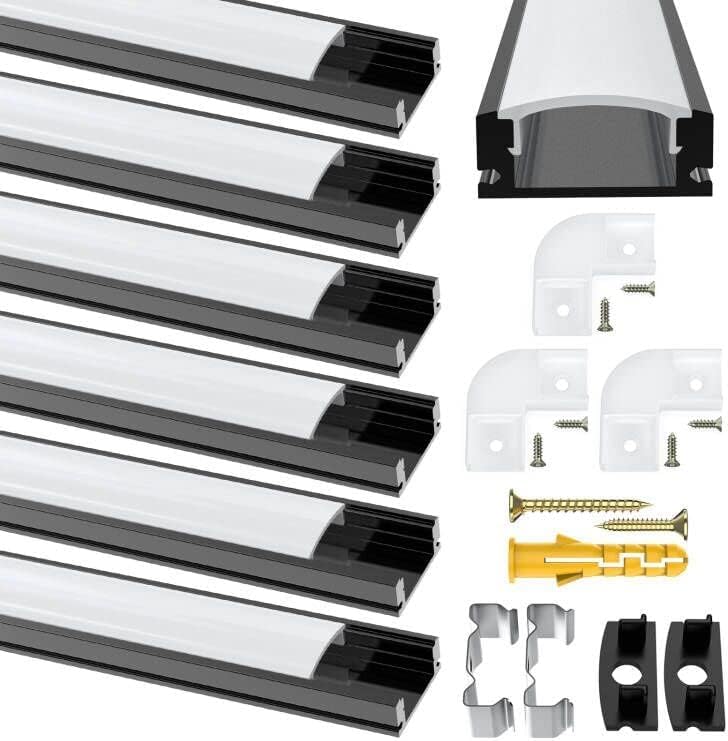 Schwarz LED Streifen Profil, 6 Pack Aluminium Kanal Schwarz Schiene Eckprofil mit Milchiger Weißer Abdeckung, Endkappen, Montage Clips und 90 Grad Eckverbindern für LED Streifen Lichter Diffusor