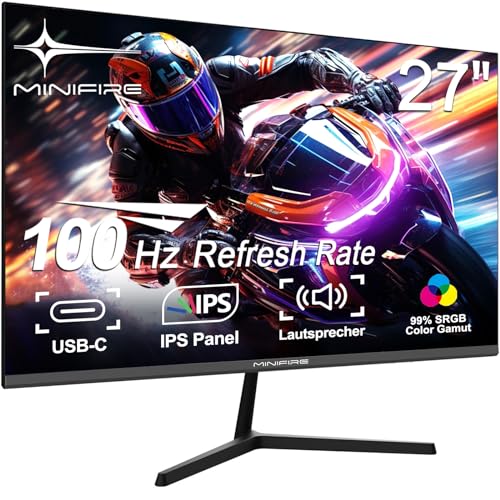 Minifire- Monitor- 27-Zoll-Bildschirm im rahmenlosen Design, IPS, 100Hz, USB Tpye-C, FHD, mit eingebautem Lautsprecher, sRGB110%, 300 Nits, FreeSync，HDMI USB-C Anschlüsse