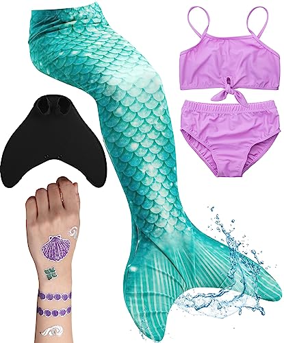 Meerjungfrauenflosse für Mädchen, Kinder, Jugendliche Schwimmfosse mit Bikini und Tattoos | türkis lila