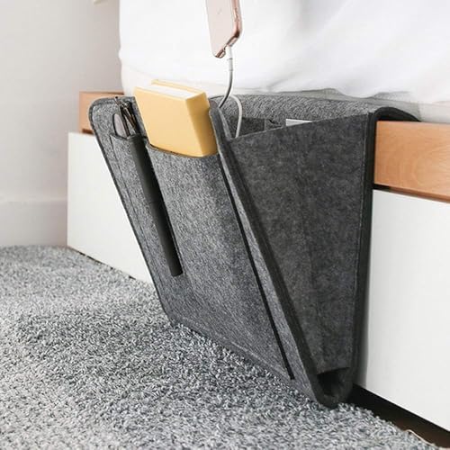 Filz Betttasche, 20×32cm Betttasche zum Einhängen 5 Fächer Betttasche Sofa Organizer Filz Nachttisch Tasche Anti-Rutsch Nachttisch Tasche für Buch Handy Brille Fernbedienung(Dunkelgrau)