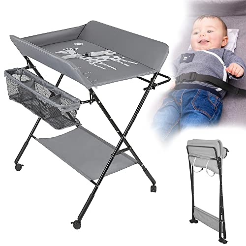 OHMG Wickeltisch Klappbarer und Tragbarer,Baby Wickelkombi,Höhenverstellbar,Klappbare Wickelkommode,Sicherheitsgurt und Ablagefächern(Grau)