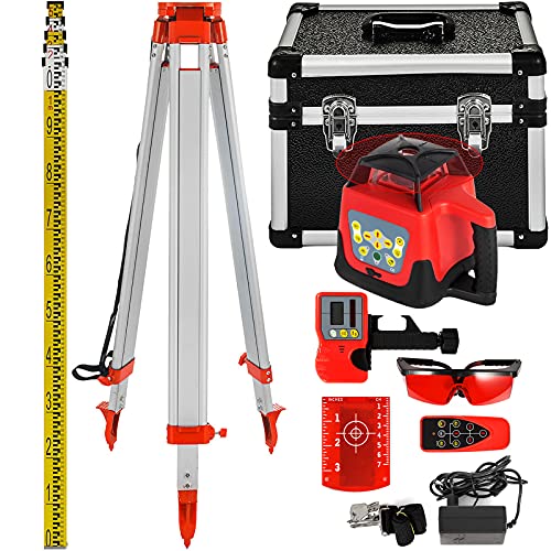 VEVOR Professional Rotationslaser max. Arbeitsbereich 500 m rot, Linienlaser 360 Grad Laser höhenmesser Wasser- und staubdicht Außenbereich Arbeitszeit 20 Stunden mit Stativ & Herrscher Elektrik