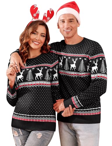 Aottori Weihnachten Pullover Damen Weihnachtspullover Familie Set Rentiermuster Christmas Reindeer Strickpullover Unisex Christmas Sweater Damen-Schwarz XL