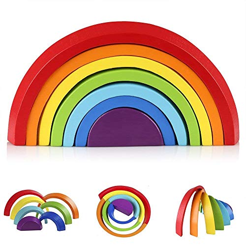 Afunti Holz Regenbogen Lernspielzeug 7-teilig Holzbausteinen Stapelspiel für Feinmotorik für Kinder 2 3 4 5 Jahren Kinder Mädchen Junge