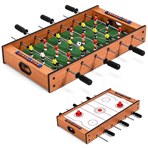 DREAMADE 2 in 1 Multi- Spieltisch, Mini Kickertisch Air Hockeytisch aus Holz & Eisenrohr, Fußballtisch Game Tisch mit Rutschfestem Griff, Tischkicker für die Ganze Familie, für Kinder & Erwachsene