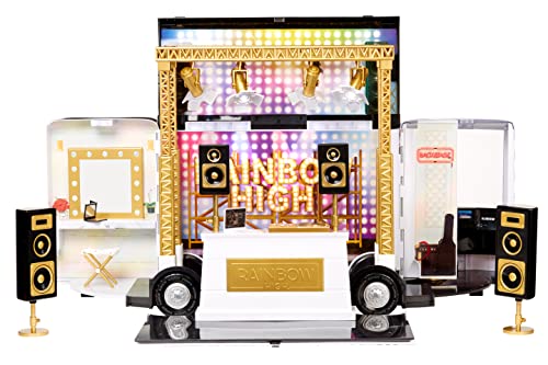 Rainbow High Vision World Tour Bus & Bühne - 4-in-1-Deluxe-Spielset mit Lichtern — Inklusive DJ-Pult, Scheinwerfer, Schminktisch, Accessoires und Batterien — Für Kinder und Sammler ab 6 Jahren