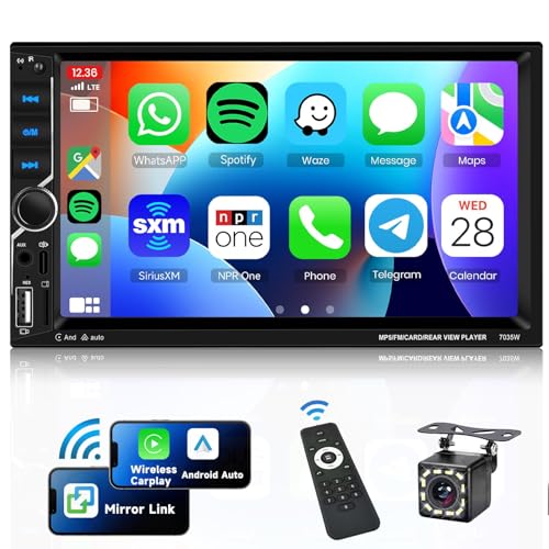 VECHTEL Autoradio 2 Din mit Drahtloses Carplay Android Auto, 7 Zoll Touchscreen Auto Radio Bluetooth, FM Radio,Typ-C/USB/TF/AUX, MirrorLink, Rückfahrkamera, Fernsteuerung