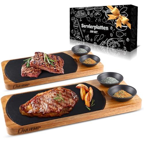 ONUEMP Steak Bretter Set，Schieferplatte Servierplatte Für Steak, Zum Grill Geschirr, Burger, Sushi Und Käse, Servierbrett Holz Set Eignet Sich Perfekt Geschenke Für Frauen Männer, 2 Sets