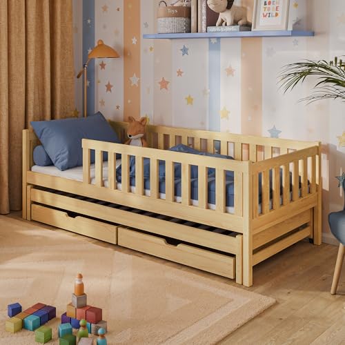 Kinderbett 90x200 mit Ausziehbett und Zwei Schubladen, Rausfallschutz und Lattenrost, Kinder Bett | weitere Größen: 80x160, 80x180, 90x190cm | 90x200cm: von 4. bis 18. Lebensjahr, Natur