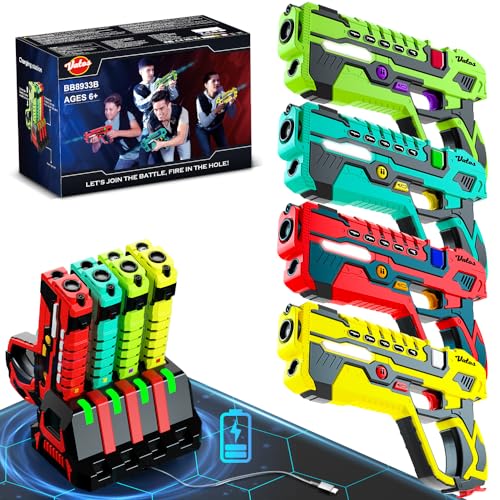 Wiederaufladbare Laser Tag Guns Set - VATOS Laser Tag 4 Spieler mit Ladestation, keine Westen erforderlich, Infrarot-Laserpistolen mit Datenanzeige für Kinder Jugendliche Erwachsene Familie Gruppe