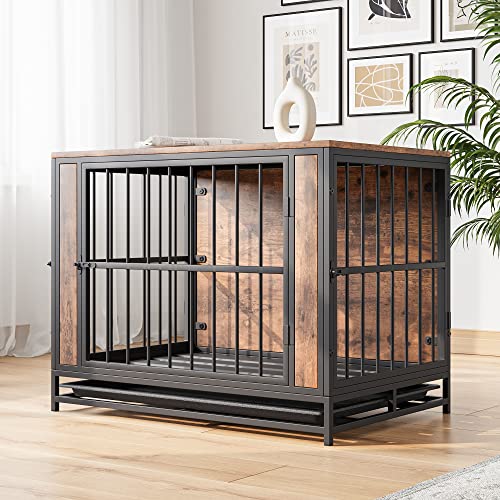 HOJINLINERO Indoor Hundekäfig Schrank:Hundebox Große/Mittlere Hunde Hundehütte Indoor mit Holz Tischoberfläche/Herausnehmbarer Bodenwanne,Hundehaus TV Schrank Tierkäfig Hundezwinger 83x56x64cm Schwarz