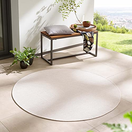 Taracarpet In- & Outdoor Teppich Wetterfest Wohnzimmer Balkon Küchenteppich Flachgewebe sisaloptik meliert Einfarbig Uni Creme Weiss 120x120 cm rund
